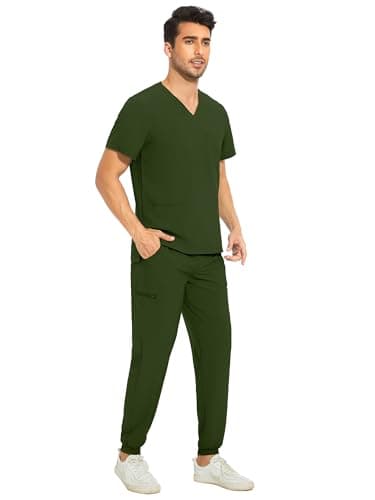 COZYFIT Men's Scrubs Set - Stretch V-Neck Top & Jogger Pant with 8 Pockets, Yoga Waistband, Anti-Wrinkle Scrubs - Army Green, M - Image 3