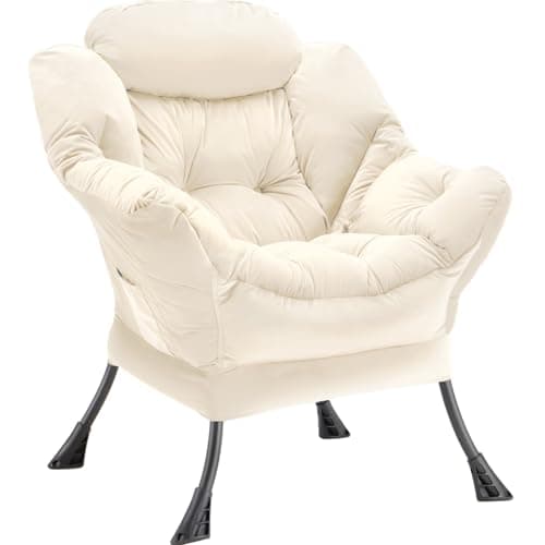 Youtanic Lazy Chair Thick Padded, Comfy Velvet Accent Lounge Chair with Stable Frame, Leisure Sofa Armchair with Armrests and Side Pocket, Reading Chair for Bedroom, Living Room, Office, Beige - Image 1