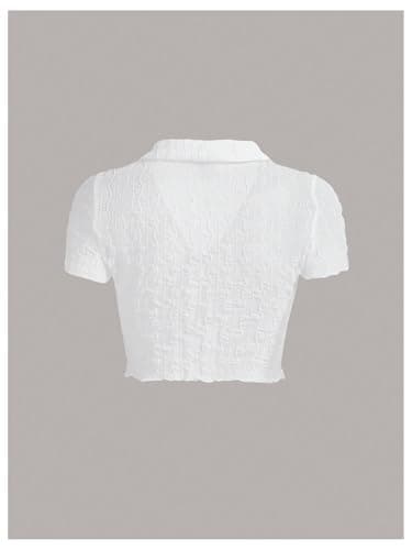 Milumia Women's Tie Front V Neck Short Sleeve T Shirt Lettuce Trim Textured Crop Tops White Medium - Image 2