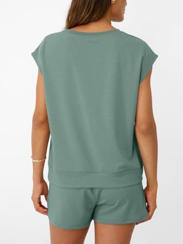 AUTOMET Womens Lounge Two 2 piece Sets Summer Outfits 2025 Loungewear Matching Beach Vacation Clothes Sweatsuits Sweat Pajamas Pjs Romper Top Shorts Fashion Trendy Travel Teen Clothing Sage Green L - Image 4