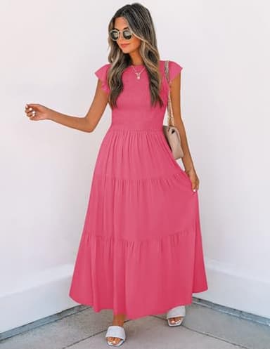 ZESICA Women's 2025 Summer Casual Flutter Short Sleeve Crew Neck Smocked Elastic Waist Tiered Midi Dress,Hot Pink,Small - Image 5