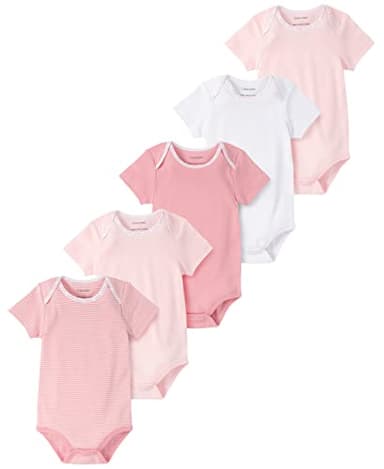 Calvin Klein Organic Baby Girls Essentials 5-Pack Short Sleeve Bodysuit, Ultra-Soft & Comfortable Fit, Rosewater/Country Rose/Bright White - Image 1