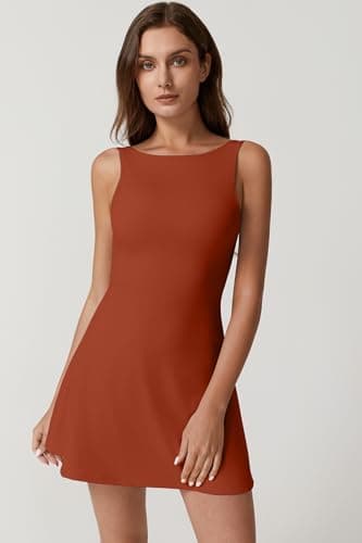 QINSEN Sleeveless Sport Dress for Women Summer Boat Neck Backless Workout Tennis Dress Brick Red M - Image 5