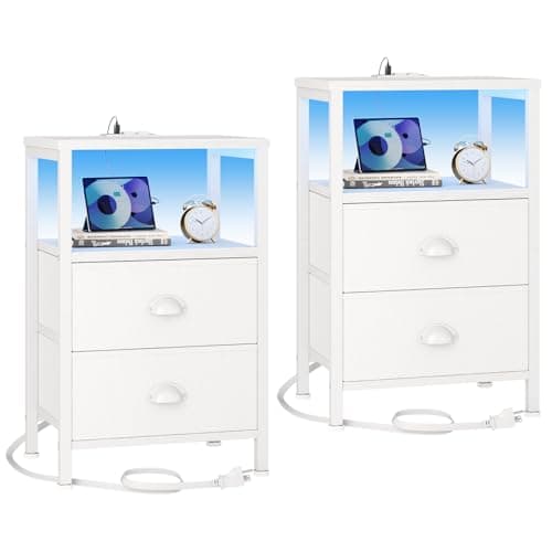 Furologee Nightstands Set of 2, End Tables Set of 2 with Charging Station and LED Lights, White Night Stands with 2 Fabric Drawers, Bedside Tables for Living Room/Bedroom - Image 1