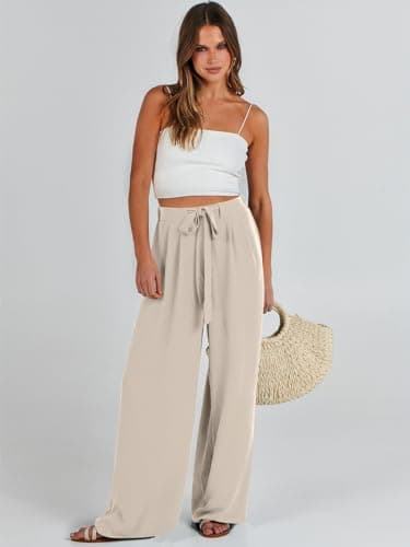 Caracilia Women Wide Leg Palazzo Pants Summer High Waist Flowy Casual Trousers Loose Lounge Beach Travel Vacation Clothes Apricot Medium - Image 7