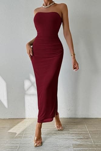 PRETTYGARDEN Women's Summer Wedding Guest Dress Strapless Tube Top Maxi Bodycon Long Mesh Beach Vacation Party Dresses (Solid Wine Red,Large) - Image 6