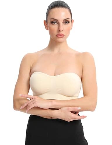Gnowann Strapless Bras for Women Non-Slip Silicone Bandeau Bralette Seamless Wireless Strapless Bra Padded Tube Top Beige S - Image 5