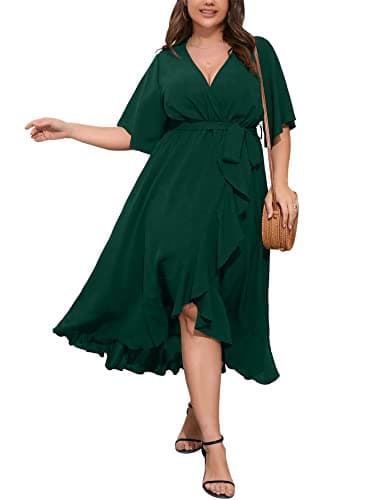 SCOMCHIC Women Plus Size Maxi Dress Short Sleeve Wrap V Neck High Low Split Ruffle Long Dress Emerald Green - Image 1