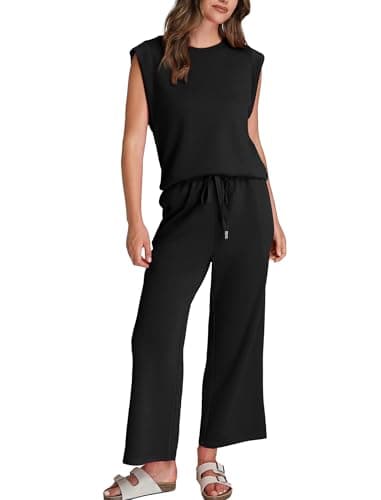 Sampeel 2 Piece Sets for Women Summer Outfits Matching Sets Women Clothing Business Casual Travel Vacation Outfits Cap Sleeve Tops Lounge Sets 2025 Black S - Image 2