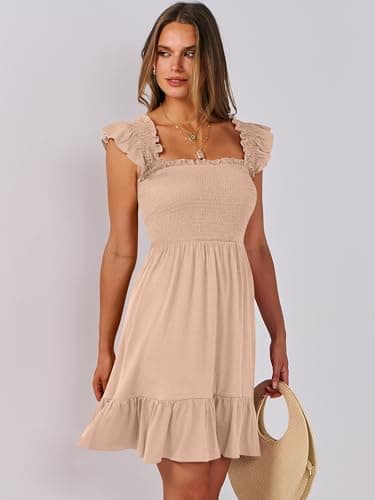 ANRABESS Women's Summer Casual Sleeveless Square Neck Dress 2025 Smocked Ruffle Backless Boho Beach Cute Teen Short Sundress Apricot Large - Image 8
