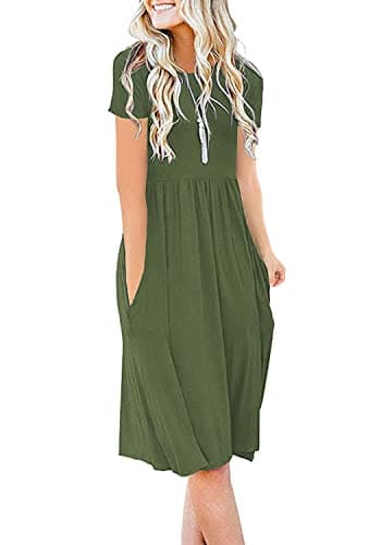 DB MOON Women Summer Casual Short Sleeve Dresses Empire Waist Dress with Pockets (Army Green, S) - Image 1
