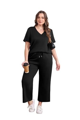 WIHOLL Summer Outfits For Women 2 Piece Lounge Matching Sets Workout Sets Spring Essentials Clothing Cruise Vacation Outfits Pajama Pants Activewear Black L - Image 4