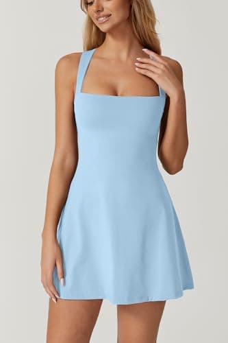 QINSEN Sport Dress for Women Square Neck Cross Back Flare Tennis Dress Quickly Dry Exercise Yoga Dress Airy Blue S - Image 3