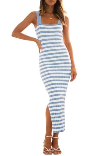 MEROKEETY Women's 2025 Summer Bodycon Midi Dress Vacation Sleeveless Ribbed Knit Striped Sweater Dresses, Blue, XS - Image 1