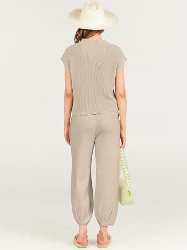 ANRABESS Women's Two Piece Outfits Knit Sweater Vest Crop Top Pants Lounge Matching Tracksuit Sweatsuit Travel Clothes Sets Khaki Small - Image 4