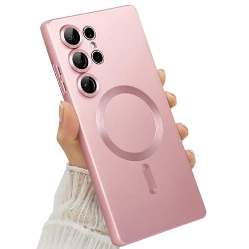 Amzfield Magnetic for Samsung Galaxy S24 Ultra Case for Women Men Girls [Compatible with MagSafe] [Camera Lens Protector] Matte Cute Slim Soft Silicone Bumper Shockproof Metallic Phone Case, Pink - Image 1