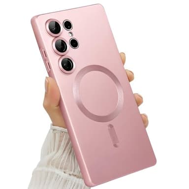 Amzfield Magnetic for Samsung Galaxy S24 Ultra Case for Women Men Girls [Compatible with MagSafe] [Camera Lens Protector] Matte Cute Slim Soft Silicone Bumper Shockproof Metallic Phone Case, Pink - Image 1