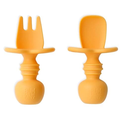 Bumkins Baby Utensils Set, Chewtensils Silicone Spoons for Dipping, Self-Feeding, Baby Led Weaning, Trainer Learning, First Stage Eating, Soft Practice Fork and Spoon, Babies 6 Months, Tangerine - Image 1