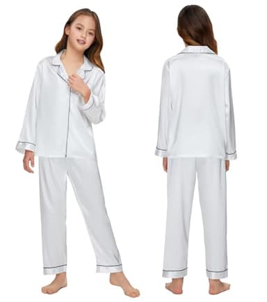 ALHAVONE Kids Girl Pajama Set with Headband Blindfold Hair Tie Toddler Boy Girl Satin Silky Button-up Pajama Sleepwear (White-long, 160) - Image 4