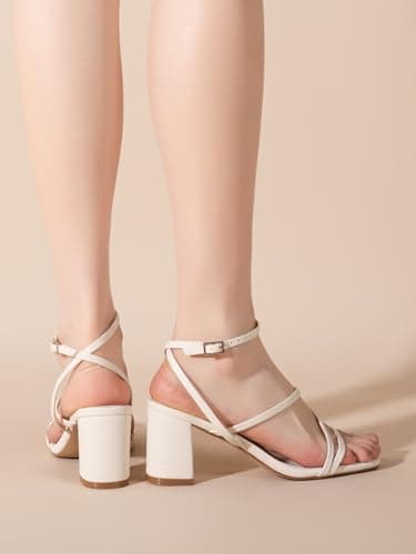 LACUONE Strappy Heels for women Block Heels Square Toe Chunky Ankle Buckle Pump Heeled Sandals (8.5,Beige) - Image 6