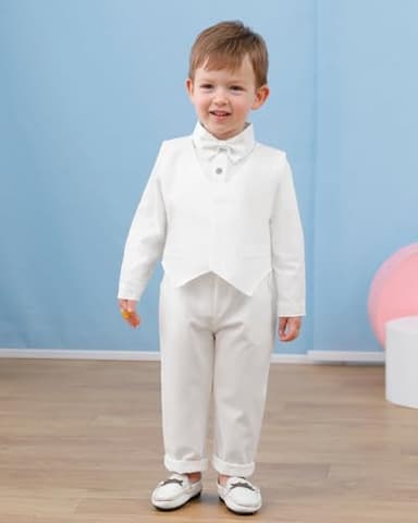 YALLET Baby Boy Clothes Suit Infant Boy Gentleman Outfits White Baby Christening Outfit Boy Dress Shirt+Bowtie+Vest+Pants Set for Wedding Party(Baby Baptism Outfits, 0-3 Months) - Image 2