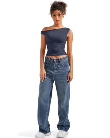 SUUKSESS Women Off Shoulder Tops Sleeveless Shirts Y2K Trendy Going Out Crop Tank Top (Navy Blue,XS) - Image 6