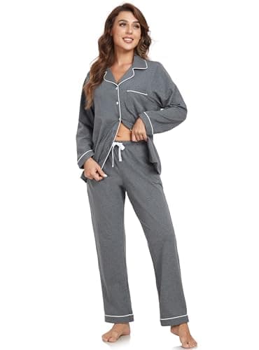 EA'S SECRET Womens Cotton Pajama Sets Long Sleeve Sleepwear Soft Button Down Loungewear Nightwear Pjs Set with Pocket S-XXL (Deep Grey,L) - Image 4