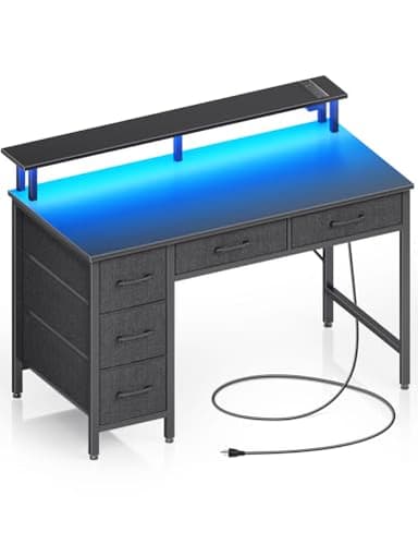 Seventable Computer Desk with Power Outlets & LED Light, 39 inch Home Office Desk with 5 Drawers, Writing Desk with Monitor Stand,Work Desk for Home Office, Black - Image 1