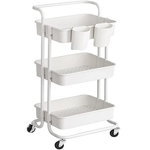 SONGMICS Rolling Cart, 3-Tier Storage Cart, Storage Trolley with Handle 2 Small Organizers, Steel Frame, Plastic Baskets, Utility Cart, Easy Assembly, for Bathroom Laundry Room, White UBSC067W01 - Image 1