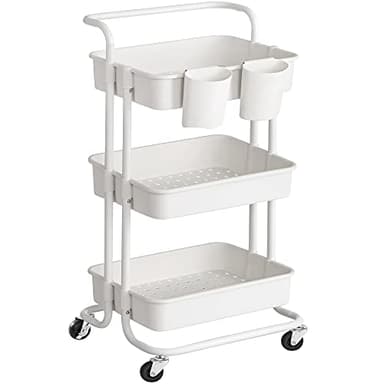 SONGMICS Rolling Cart, 3-Tier Storage Cart, Storage Trolley with Handle 2 Small Organizers, Steel Frame, Plastic Baskets, Utility Cart, Easy Assembly, for Bathroom Laundry Room, White UBSC067W01 - Image 1