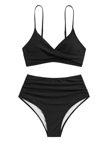 ZAFUL Women High Waisted Bathing Suit 2 Piece Black Bikini Sets High Cut Push Up Swimsuit Two Piece Tummy Control Vintage Retro Underwire Modest Swimwear Black L - Image 4