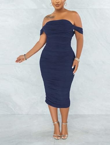 Women's Sexy Off Shoulder Sleeveless Bodycon Ruched Midi Elegant Cocktail Evening Party Night Tube Dresses 88-Navy Blue - Image 3