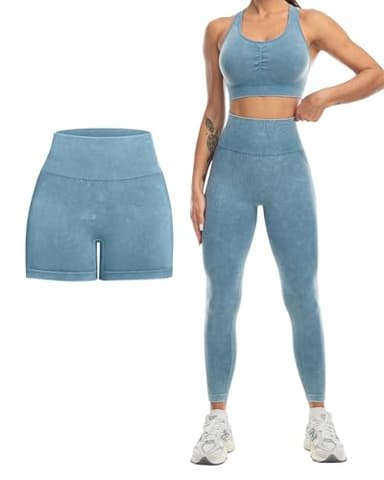 SALSPOR 3 Piece Workout Sets for Women Butt Lifting Leggings with High Impact Sports Bra Gym Shorts Activewear Matching Set(3DWX-Washed Blue-M) - Image 5