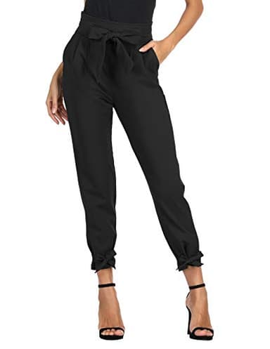 GRACE KARIN Womens Casual High Waist Pencil Pants with Pockets Bow-Knot Cropped Paper Bag Pants for Work Black L - Image 2