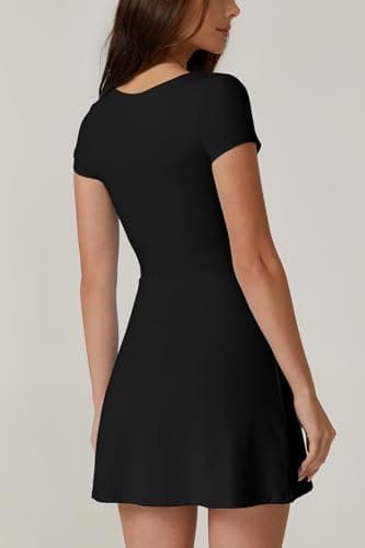 QINSEN Tennis Dress for Women Square Neck Short Sleeve Active Workout Dress Built in Shorts Black XL - Image 2