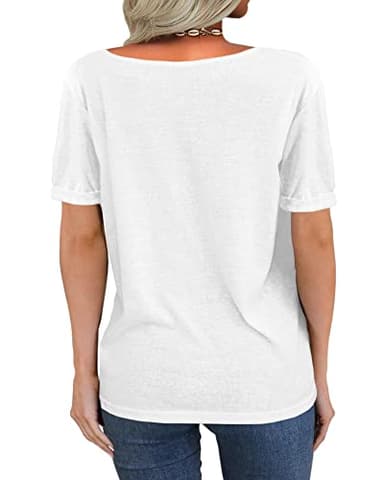 Danedvi Women Fashion Deep V-Neck Short Sleeve Tops Solid Casual Loose Basic T Shirt White - Image 2