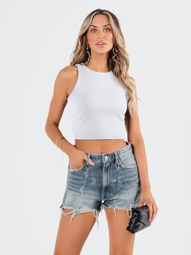 EFAN Womens Sexy Sleeveless Double Lined Crop Tops Workout Cute Tight Racerback Tank Tops Summer Clothes Teen Girls 2025 White M - Image 3