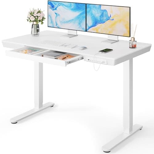 Marsail Standing Desk with Drawer, 48 x 24 inch Whole Piece Tabletop Electric Standing Desk, Height Adjustable Desk with USB Charging Ports, Sit Stand Desk with Storage for Home & Office White - Image 1