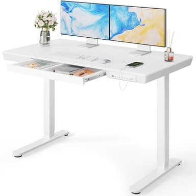 Marsail Standing Desk with Drawer, 48 x 24 inch Whole Piece Tabletop Electric Standing Desk, Height Adjustable Desk with USB Charging Ports, Sit Stand Desk with Storage for Home & Office White - Image 1
