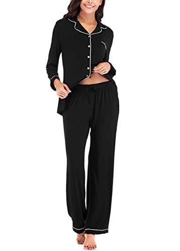 knit Pajamas for Women Long Sleeve Button Down Sets Black S - Image 4