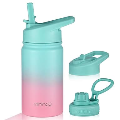 Mininoo Insulated School Water Bottle, 12 oz Stainless Steel Water Bottle with Straw Lid and Chug Lid for Girls, Boys (SKY/PINK) - Image 1