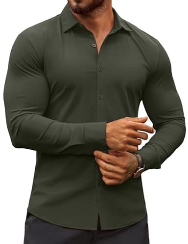 COOFANDY Men's Button Down Shirt Casual Dress Shirts Wrinkle Free Muscle Fitted Shirt Olive Green - Image 1