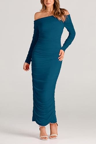 PRETTYGARDEN Women's Fall Off Shoulder Maxi Bodycon Dress Long Sleeve Ruched Fitted Club Dresses with Slit (Lake Blue,Large) - Image 4