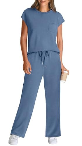 WIHOLL 2 Piece Sets for Women Summer 2025 Lounge Sets Country Concert Outfits Business Casual Matching Sets Women Clothing Wide Leg Pants Pajama Sets Conjuntos De 2 Piezas Para Mujer Blue XL - Image 2