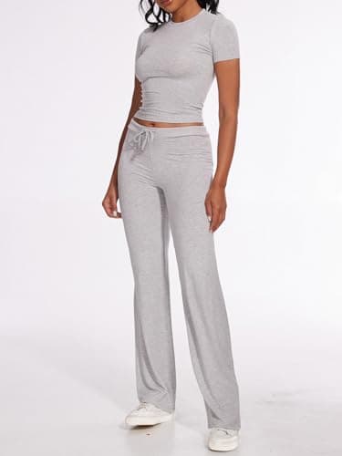 AnotherChill Women's 2 Piece Lounge Sets Straight Leg Pants Set Short Sleeve Crop T-shirt Casual Outfits Comfy Loungewear (Light-Gray, Small) - Image 3