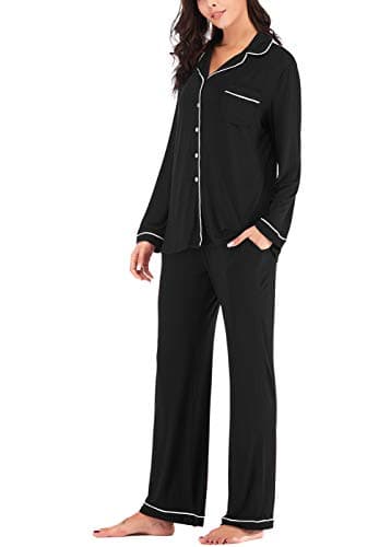 knit Pajamas for Women Long Sleeve Button Down Sets Black S - Image 3