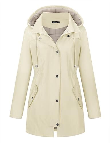 LOMON Women Rain Jacket Lightweight Hooded Jackets Women Lined Trench Coats Waterproof Outdoor Hiking Raincoat Beige M (Big Plaid Lining) - Image 2