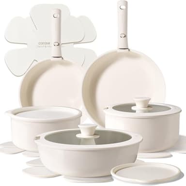 CAROTE Ceramic Cookware Sets, Pots and Pans Set Non Stick Non Toxic, Induction Cookware, kitchen cookware sets, Pots Set for Healthy Coooking 15PCS, White - Image 1