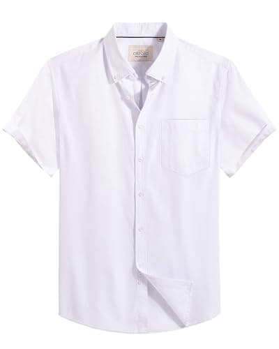 Alimens & Gentle Mens Short Sleeve Oxford Shirt Regular Fit Button Down Collar Shirts with Pocket, White, Large - Image 1