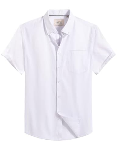 Alimens & Gentle Mens Short Sleeve Oxford Shirt Regular Fit Button Down Collar Shirts with Pocket, White, Large - Image 1